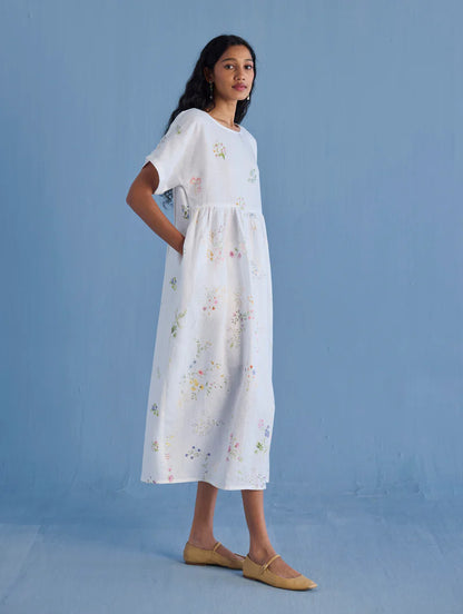 Uniko Pleated Floral Linen Dress - White