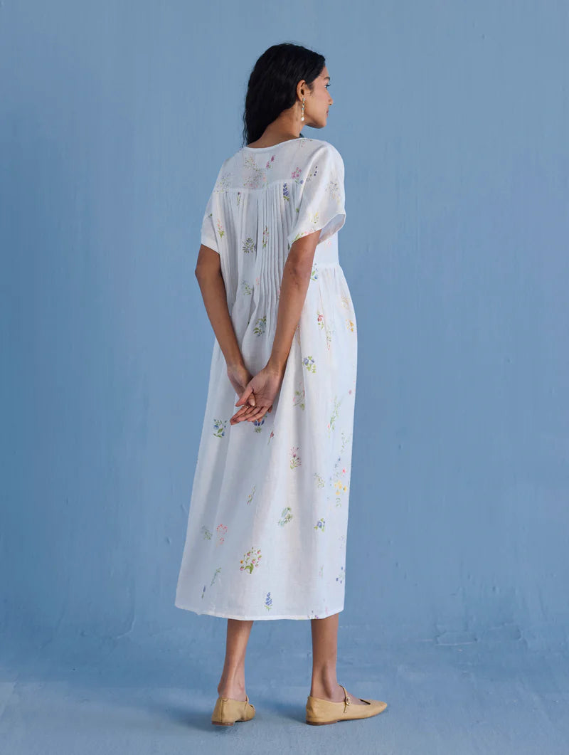 Uniko Pleated Floral Linen Dress - White