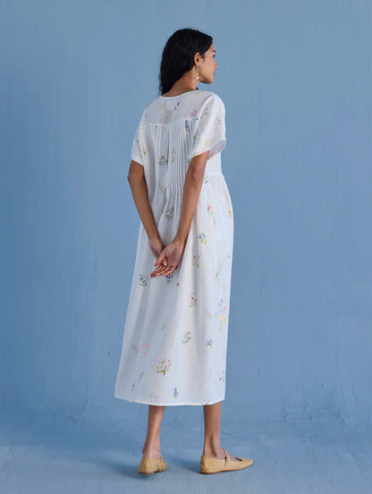 Uniko Pleated Floral Linen Dress - White