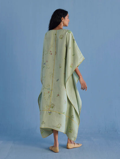 Eva Floral Linen Kaftan Dress - Mint