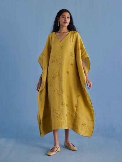 Eva Floral Linen Kaftan Dress - Ochre