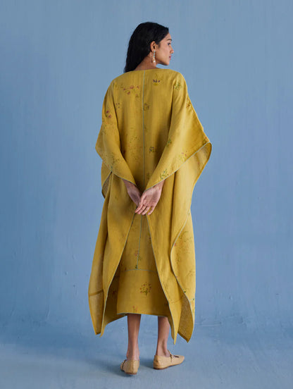 Eva Floral Linen Kaftan Dress - Ochre