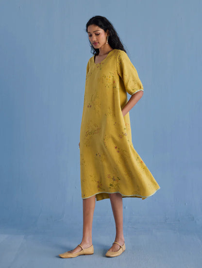 Nami Floral Printed Linen Dress - Ochre
