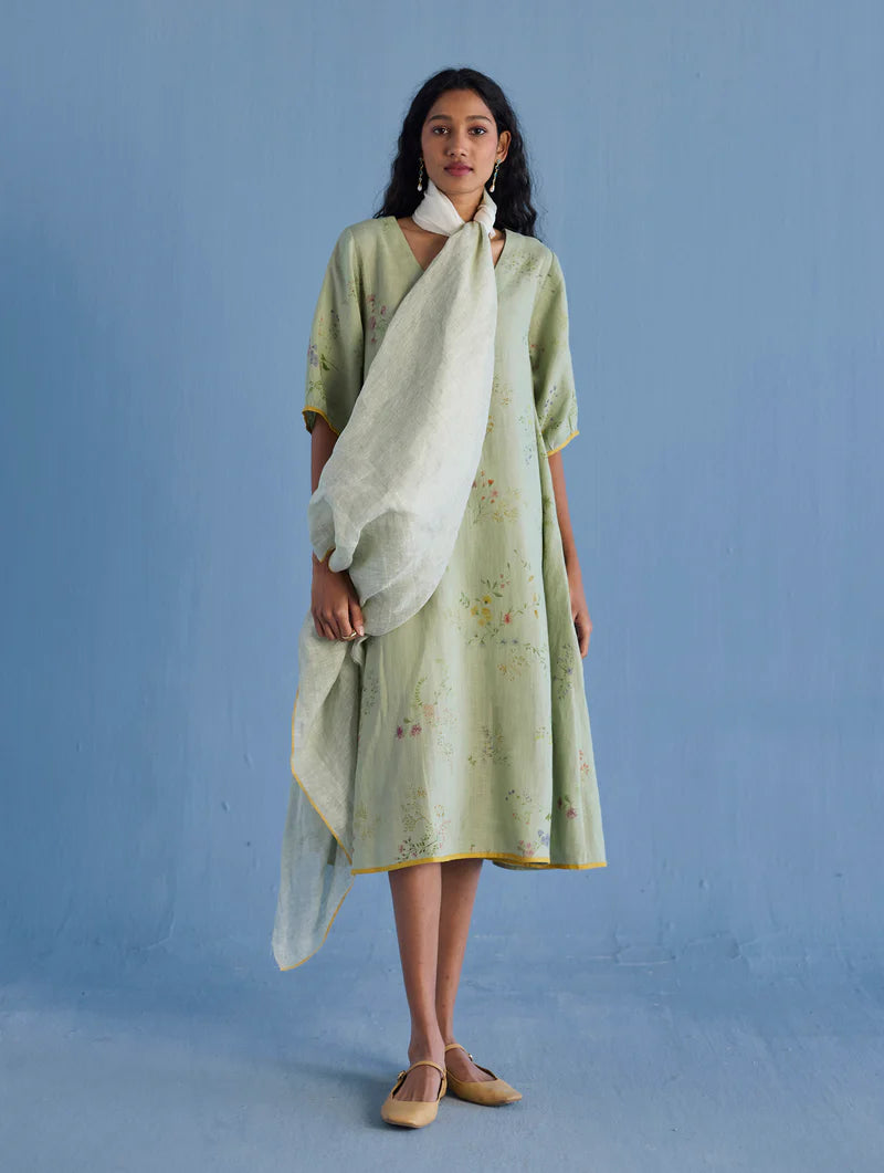 Nami Floral Printed Linen Dress - Mint