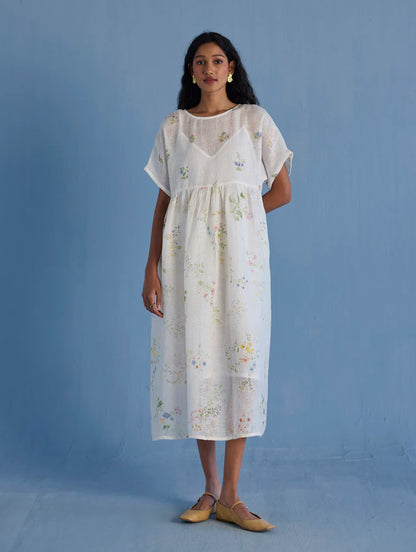 Rasa Floral Printed Sheer Linen Dress - White