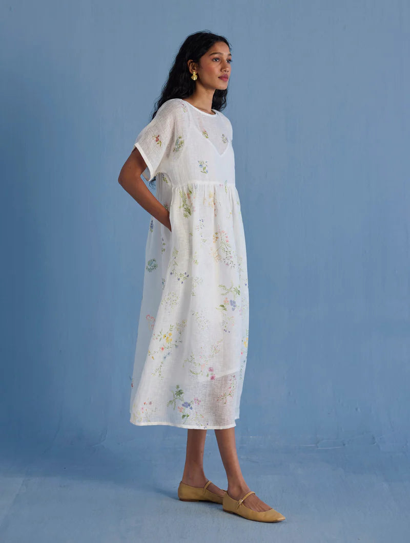 Rasa Floral Printed Sheer Linen Dress - White