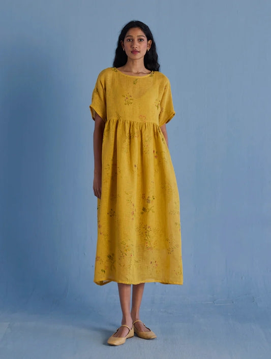 Rasa Floral Printed Sheer Linen Dress - Ochre