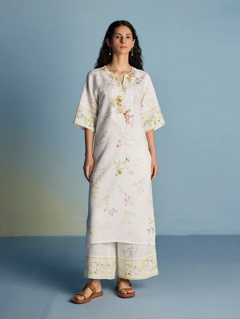 Para Hand-Embroidered Linen Kurta Set - White