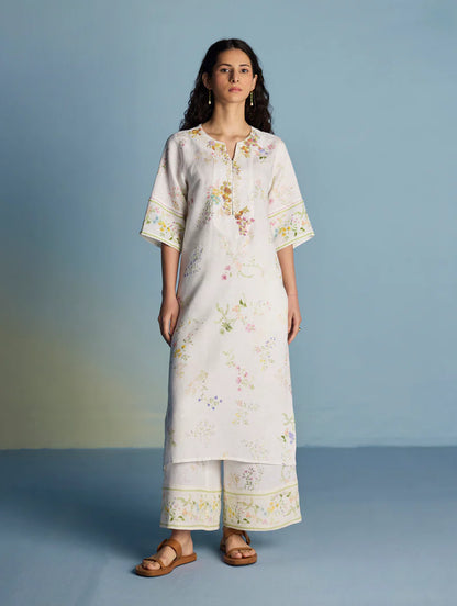 Para Hand-Embroidered Linen Kurta Set - White