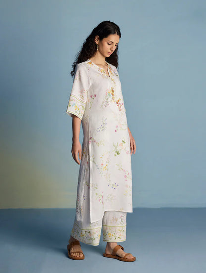 Para Hand-Embroidered Linen Kurta Set - White