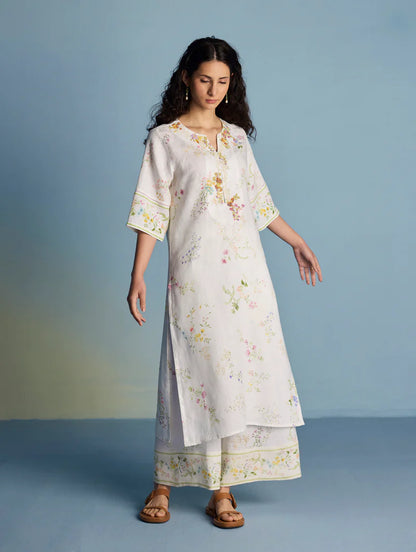 Para Hand-Embroidered Linen Kurta Set - White