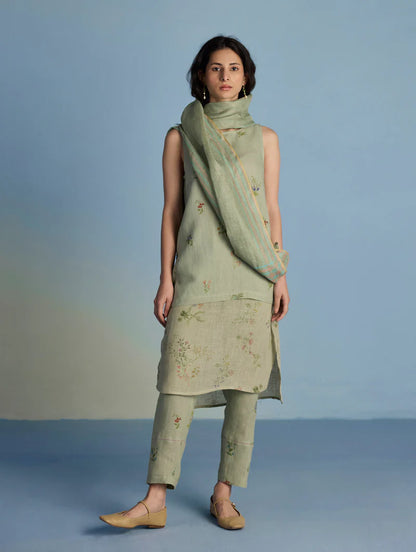 Aneya Patchwork Floral Linen Kurta Set - Mint (With Dupatta)