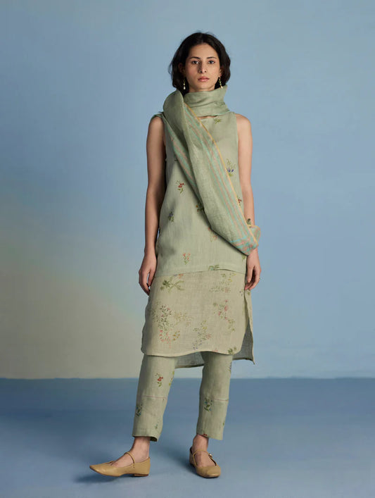 Aneya Patchwork Floral Linen Kurta Set - Mint (With Dupatta)