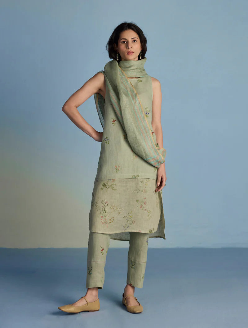 Aneya Patchwork Floral Linen Kurta Set - Mint (With Dupatta)