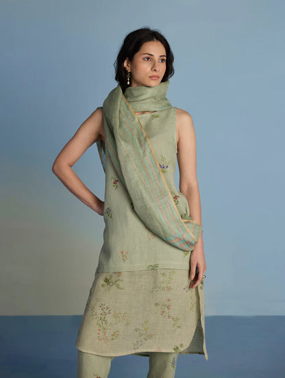 Aneya Patchwork Floral Linen Kurta Set - Mint (With Dupatta)