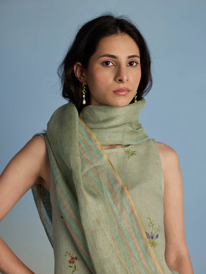 Aneya Patchwork Floral Linen Kurta Set - Mint (With Dupatta)