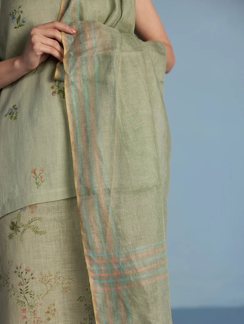Aneya Patchwork Floral Linen Kurta Set - Mint (With Dupatta)