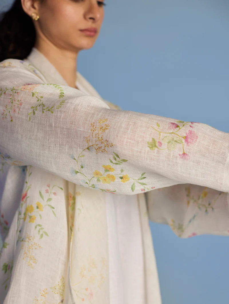 Tai Floral Sheer Linen Overlay - White