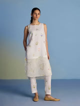 Aneya Patchwork Floral Linen Kurta Set - White