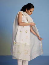 Aneya Patchwork Floral Linen Kurta Set - White (With Dupatta)