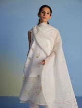 Aneya Patchwork Floral Linen Kurta Set - White (With Dupatta)