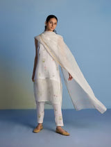 Aneya Patchwork Floral Linen Kurta Set - White (With Dupatta)