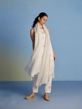 Aneya Patchwork Floral Linen Kurta Set - White (With Dupatta)