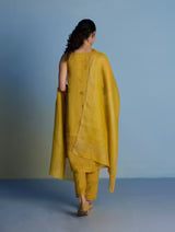 Aneya Patchwork Floral Linen Kurta Set - Ochre (With Dupatta)