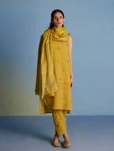 Aneya Patchwork Floral Linen Kurta Set - Ochre (With Dupatta)