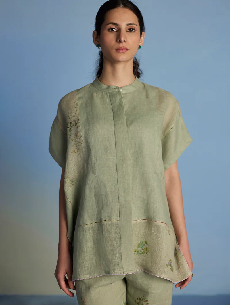 Aboli Patchwork Linen Shirt - Mint