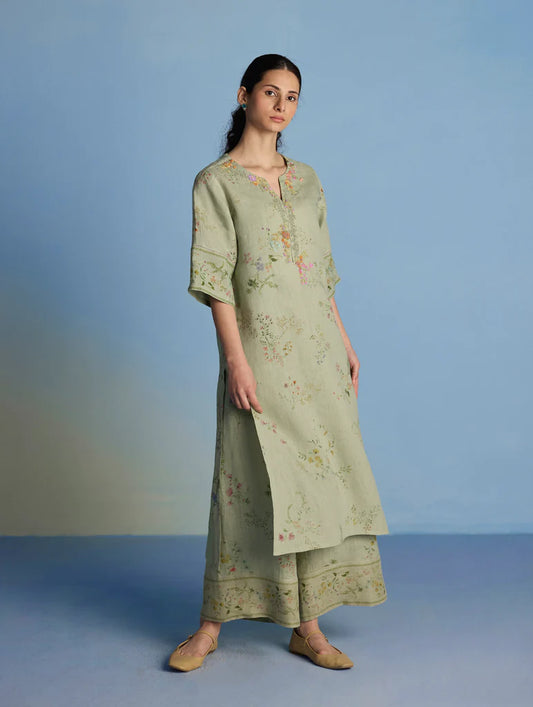 Para Hand-Embroidered Linen Kurta Set - Mint
