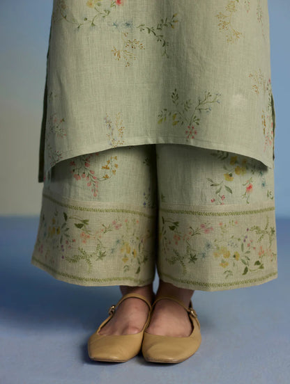 Para Hand-Embroidered Linen Kurta Set - Mint