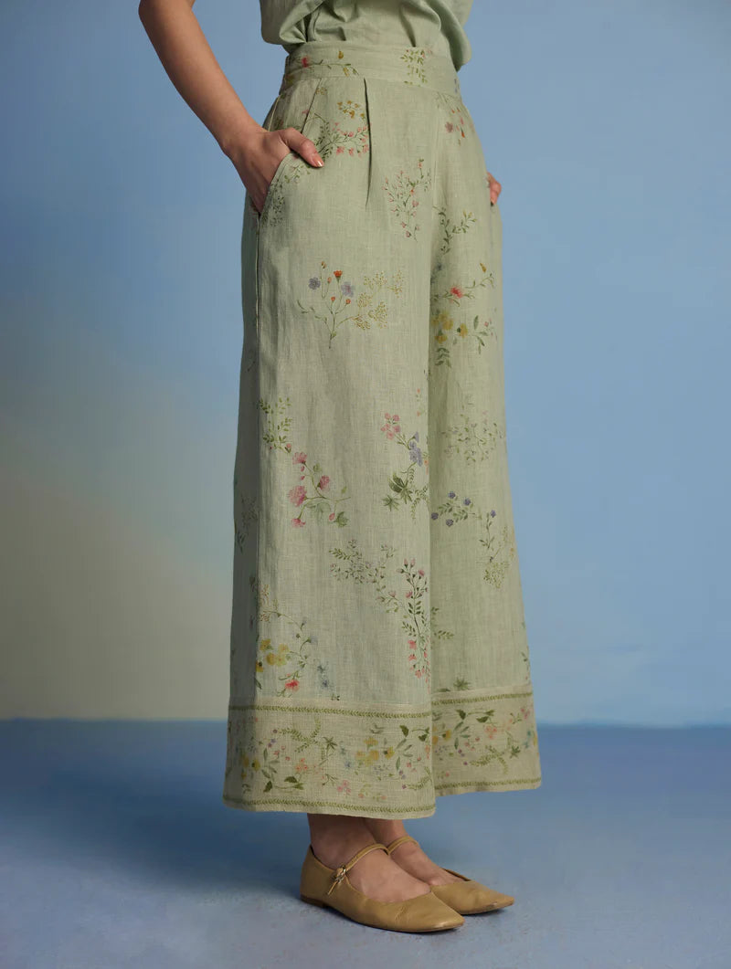 Para Hand-Embroidered Linen Kurta Set - Mint
