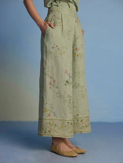 Para Hand-Embroidered Linen Kurta Set - Mint