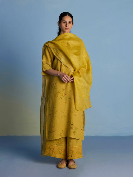 Para Hand-Embroidered Linen Kurta Set - Ochre with Dupatta