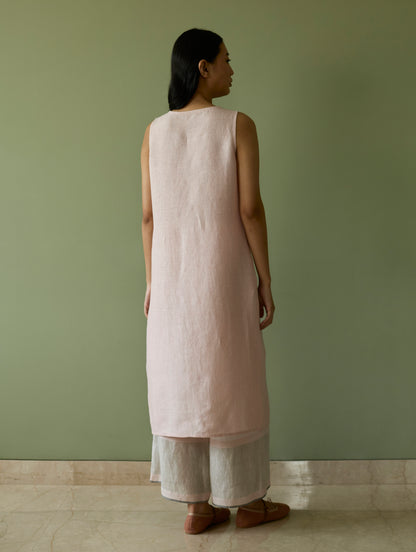 Yara Sleeveless Border Linen Kurta Set - Blush