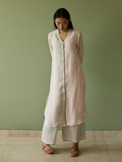 Mori Border Linen Shirt Kurta Set - Blush
