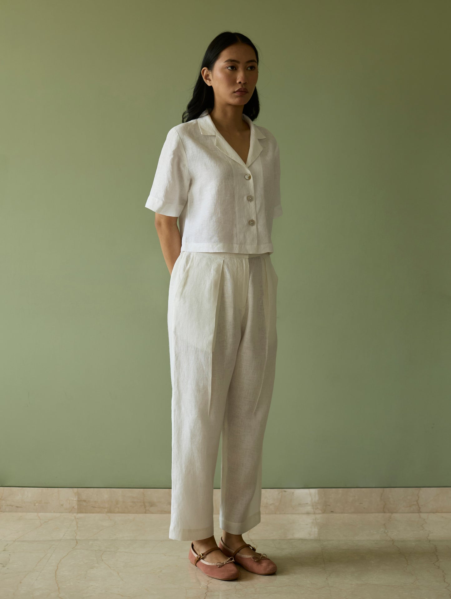 Kiera Cuban Collar Linen Co-ord Set - Ivory