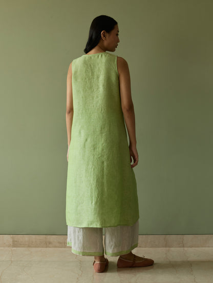 Yara Sleeveless Border Linen Kurta Set - Meadow