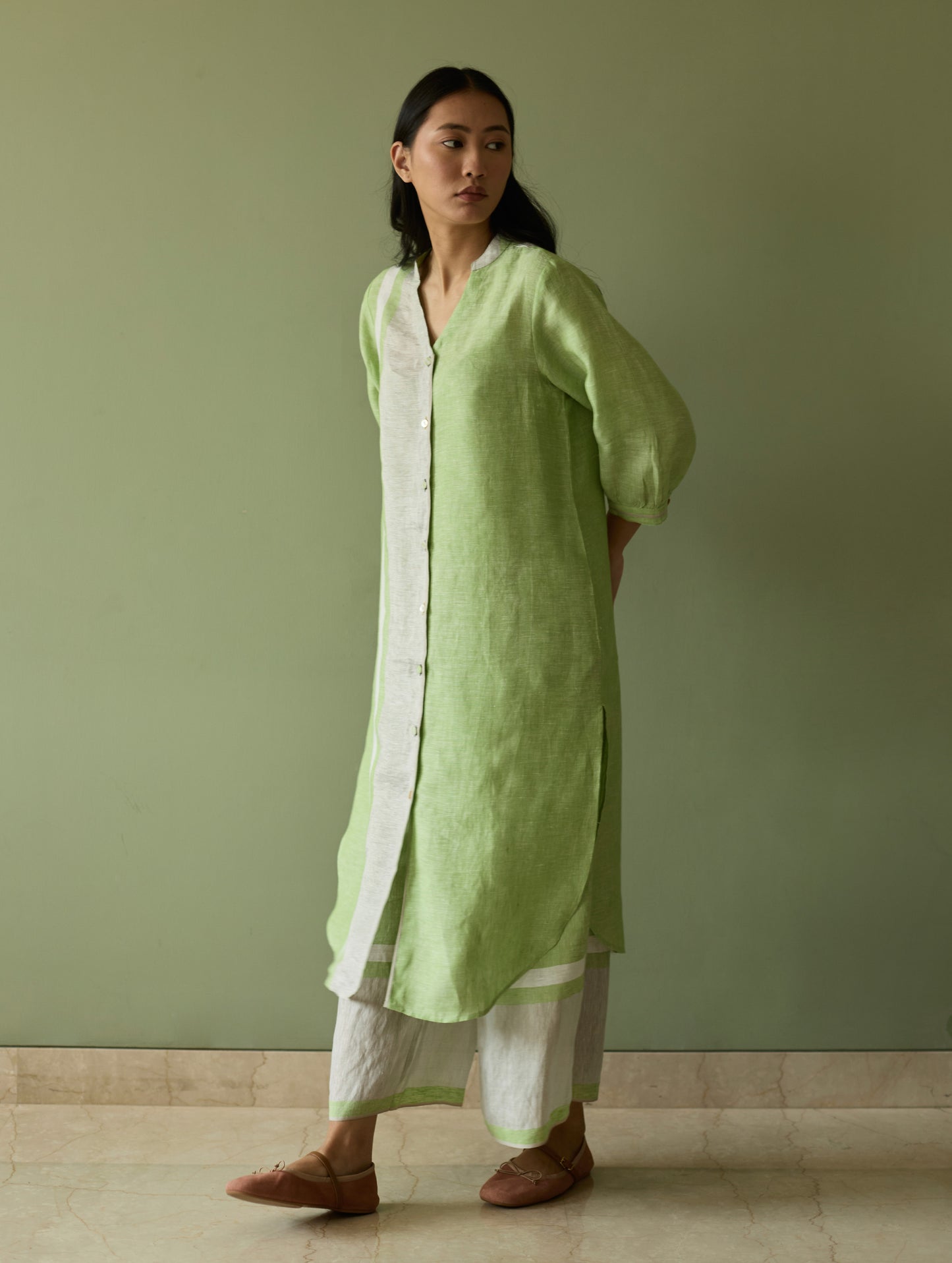 Mori Border Linen Shirt Kurta Set - Meadow