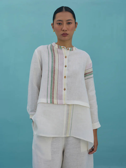 Amaya Border Linen Top - Ivory