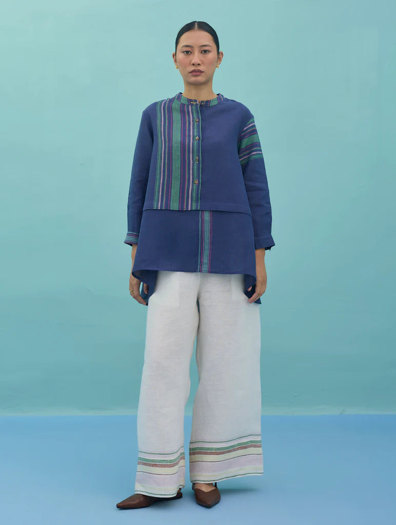 Amaya Border Linen Top - Indigo