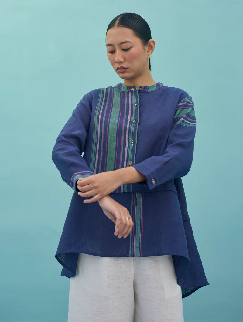 Amaya Border Linen Top - Indigo
