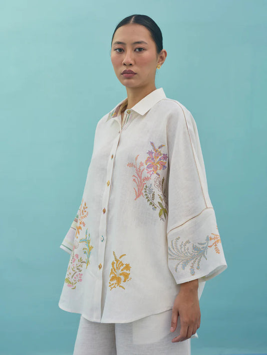Iva Block Printed Floral Embroidered Shirt - Ivory