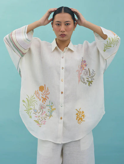 Iva Block Printed Floral Embroidered Shirt - Ivory