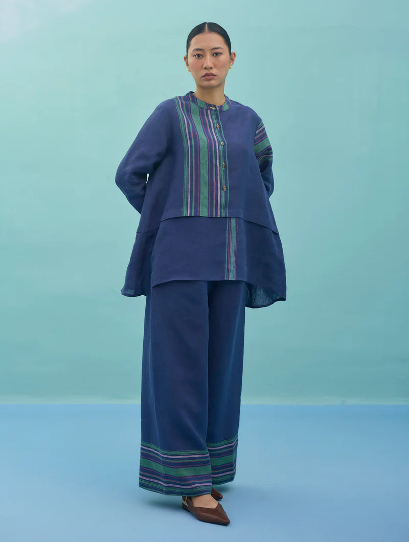 Amaya Border Linen Co-ord Set - Indigo