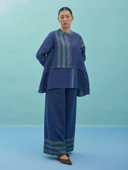 Amaya Border Linen Co-ord Set - Indigo