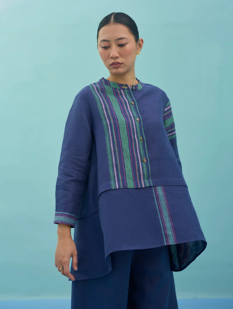 Amaya Border Linen Top - Indigo