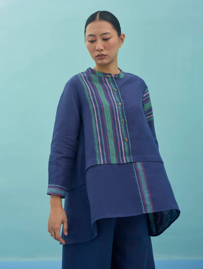 Amaya Border Linen Top - Indigo