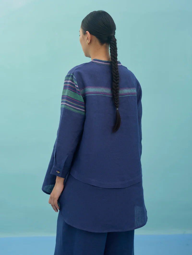 Amaya Border Linen Co-ord Set - Indigo